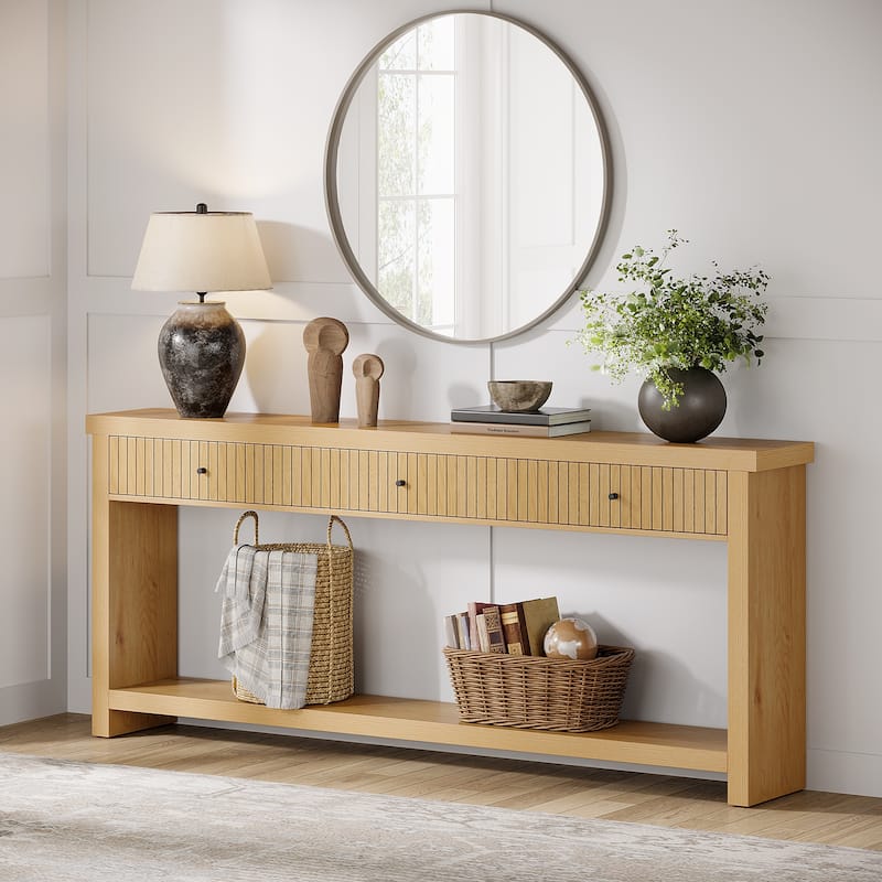Industrial Wood Console Sofa Table with 3 Drawers for Entryway - Brown