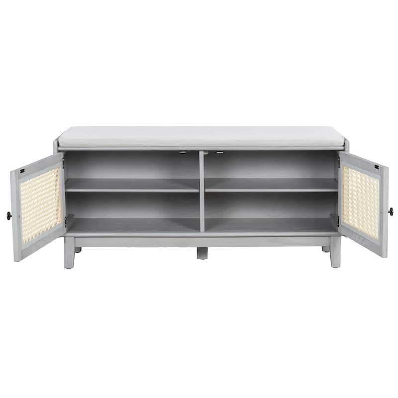 Boho Rattan Shoe Storage with Washable Cushion & Adjustable Shelves by Harper&Bright Designs
