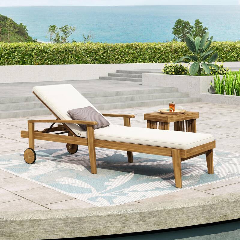 Outdoor solid wood frame chaise lounge with rollers and cushions