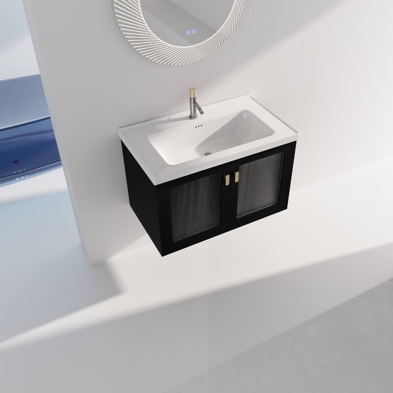 32 inch Wall-Mounted Bathroom Vanity Set in Black with Integrated Ceramic Sink - Textured - Single Vanities - Black