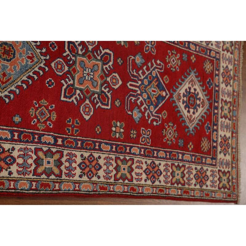 Red Geometric Kazak Oriental Wool Runner Rug Handmade Hallway Carpet - 2'8" x 9'9"