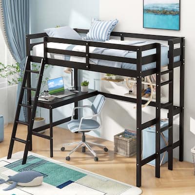 Costway Twin Size Loft Bed w/ Desk & Shelf 2 Ladders & Guard Rail for