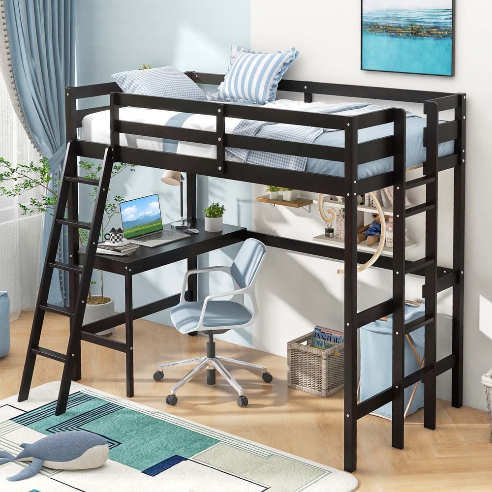 Costway Twin Size Loft Bed w/ Desk & Shelf 2 Ladders & Guard Rail for