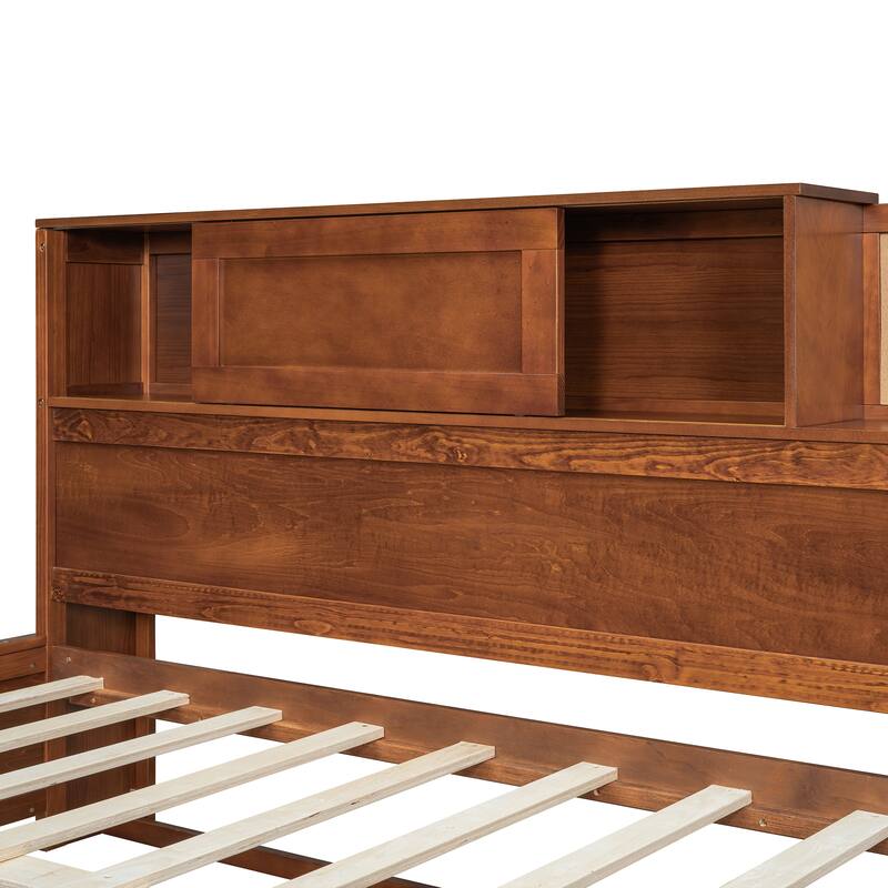 Full Size Wooden Daybed with Storage Drawers, USB Ports, and Shelf in Walnut