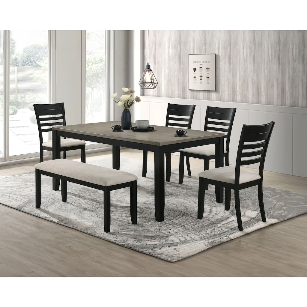 Wooden Dining Room Furniture Set, 6 Pcs Kitchen Dining Table Chair Set with Rectangular Table, Bench and 4 Ladder Back Chairs