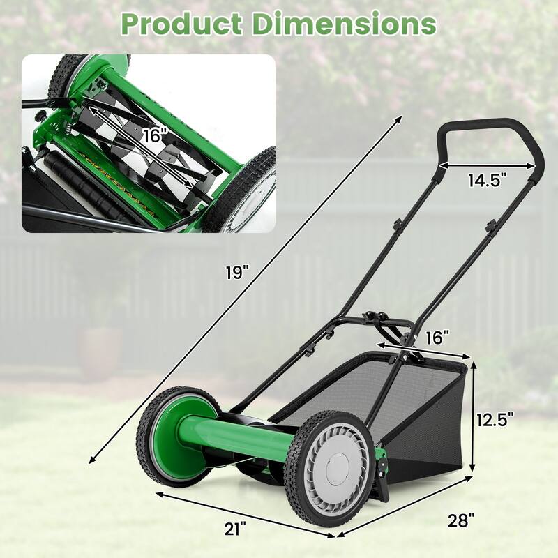 Manganese Steel Manual Lawn Mower with 5 Blades and Grass Bag - 23" L x 28" W x 49" H