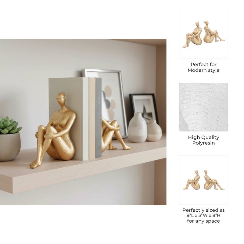 Modern Graceful Seated Lady Figurine Bookends - Set of 2, 8", Gold - 8.0"