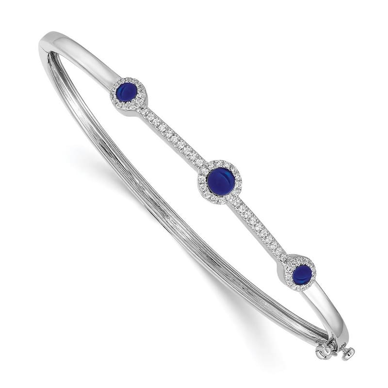 Curata 7mm 14k White Gold Diamond and Cabachon Sapphire Cuff Stackable Bangle Bracelet