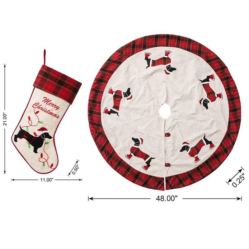 Glitzhome Dachshund Fabric Plaid Merry Christmas Stocking or Tree Skirt