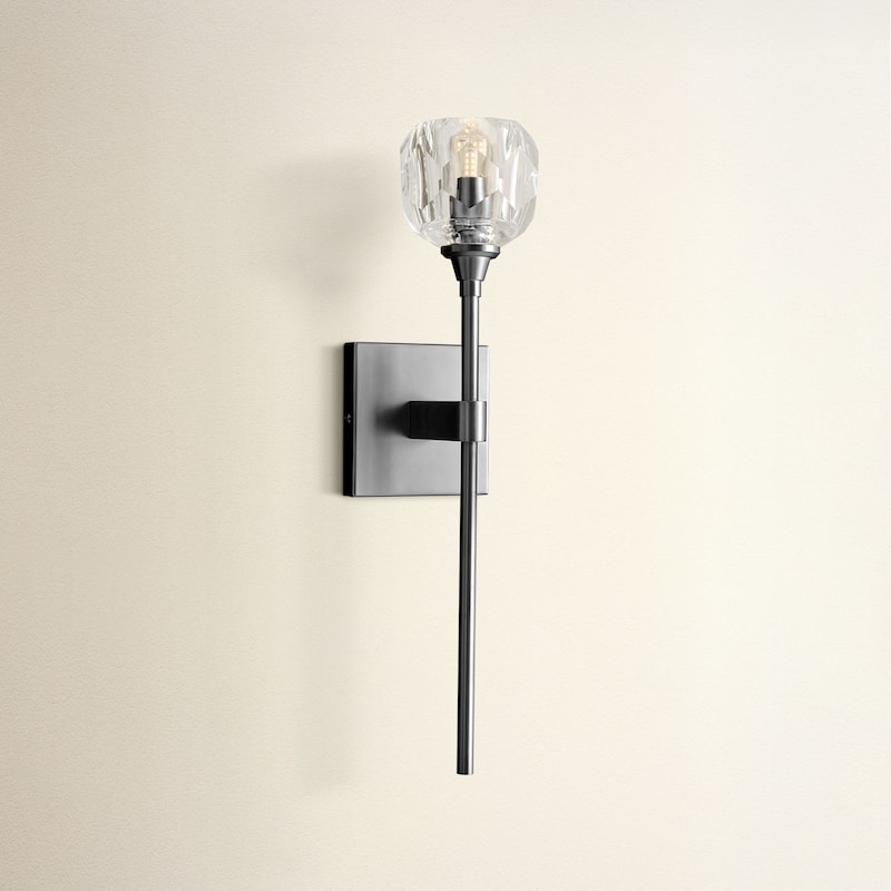 Modern Armed Wall Sconce - Metal, Glass & Matte Black, Crystal Clear 1-Light Wall Sconce for Bedroom or Bathroom in Modern Style - Matte Black