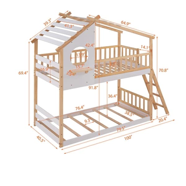 Beige Twin Over Twin Wood Bunk Bed with Storage