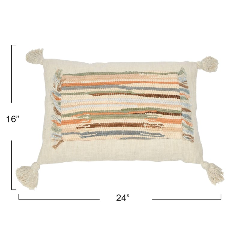Woven Cotton Slub Lumbar Pillow with Applique, Fringe and Tassels