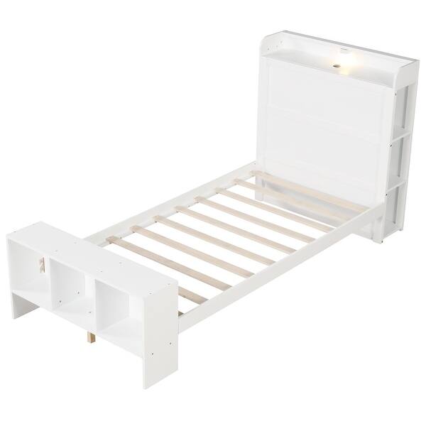 slide 2 of 9, White Wooden Twin Platform Bed with LED Lights Storage Headboard and USB Ports White