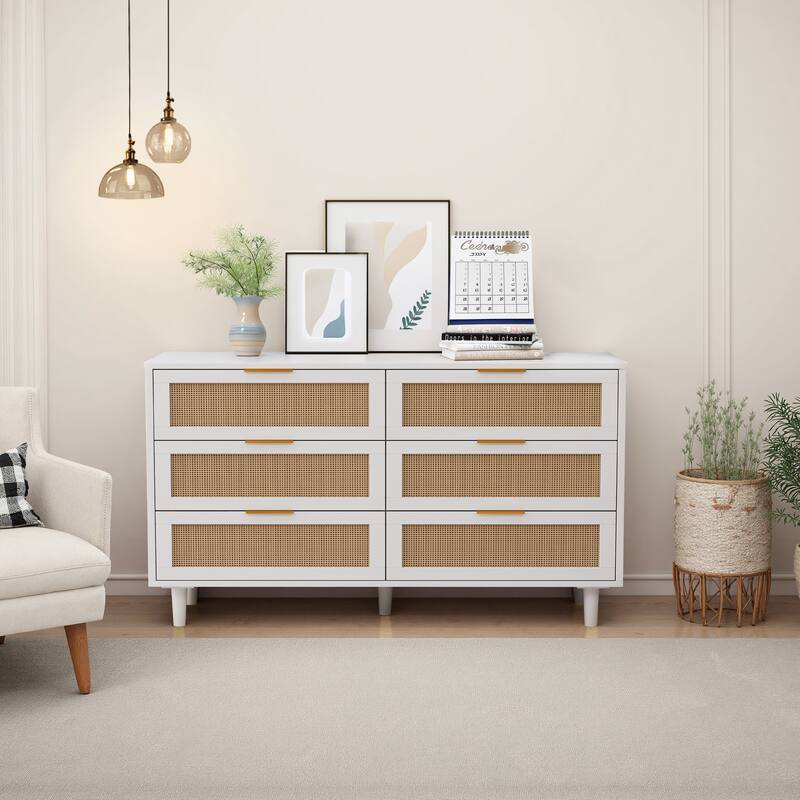 White Rattan Dresser with 6 Drawers Modern Particle Board Storage Chest for Bedroom Living Room Hallway Organization