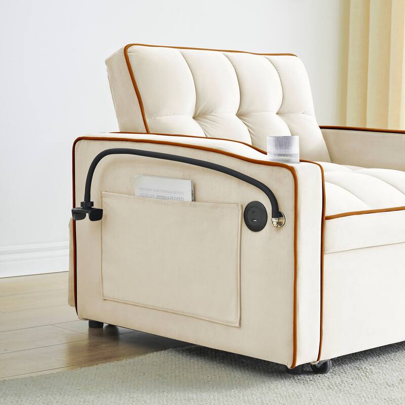 Versatile Foldable Sofa Bed In 3 Lengths, Velvet Pull-out Bed, Adjustable Back, USB Port And Ashtray And Swivel Phone Stand