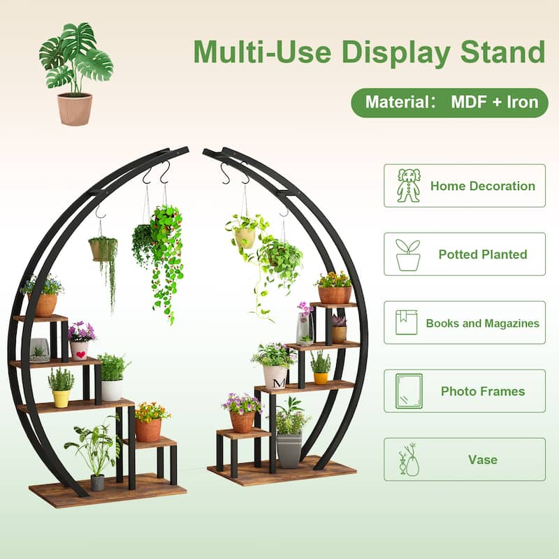 Metal Plant Stand 5 Tier Half Moon Shape set of 2 - Brown
