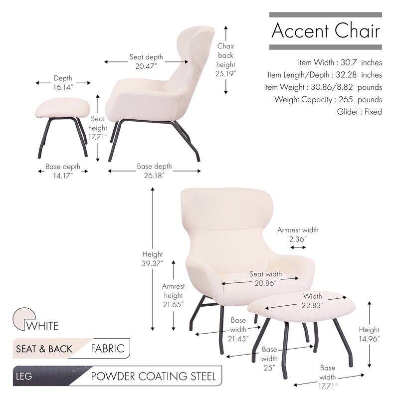 Porthos Home Autry Fabric Wingback Accent Chair and Ottoman Set with Steel Legs