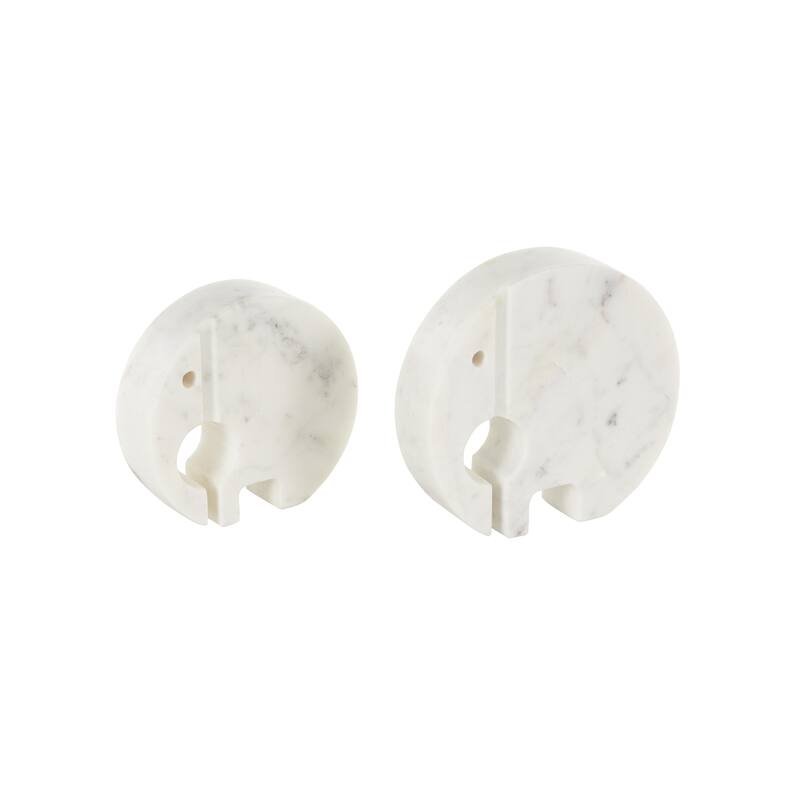 White Marble Circular Abstract Elephant Decorative Sculpture with Gray Marble Veins and Cutouts (Set of 2)