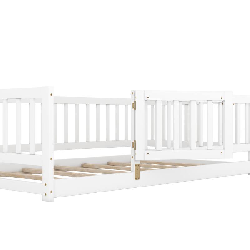Kids Montessori Floor Bed for Kids, Girls, Boys, Solid Wood Floor Bed Frame with Fence and Door, No Box Spring Needed