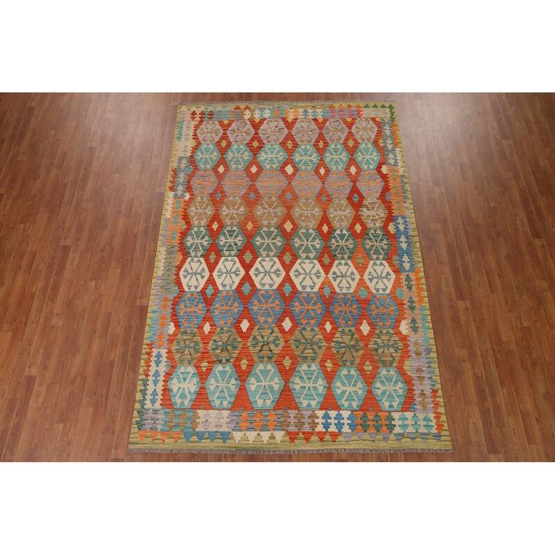 Hand Woven Oriental 100% Wool Carpet Southwestern Geometric Oranges & Rust Kilim Area Rug - 9' 9'' X 6' 5''