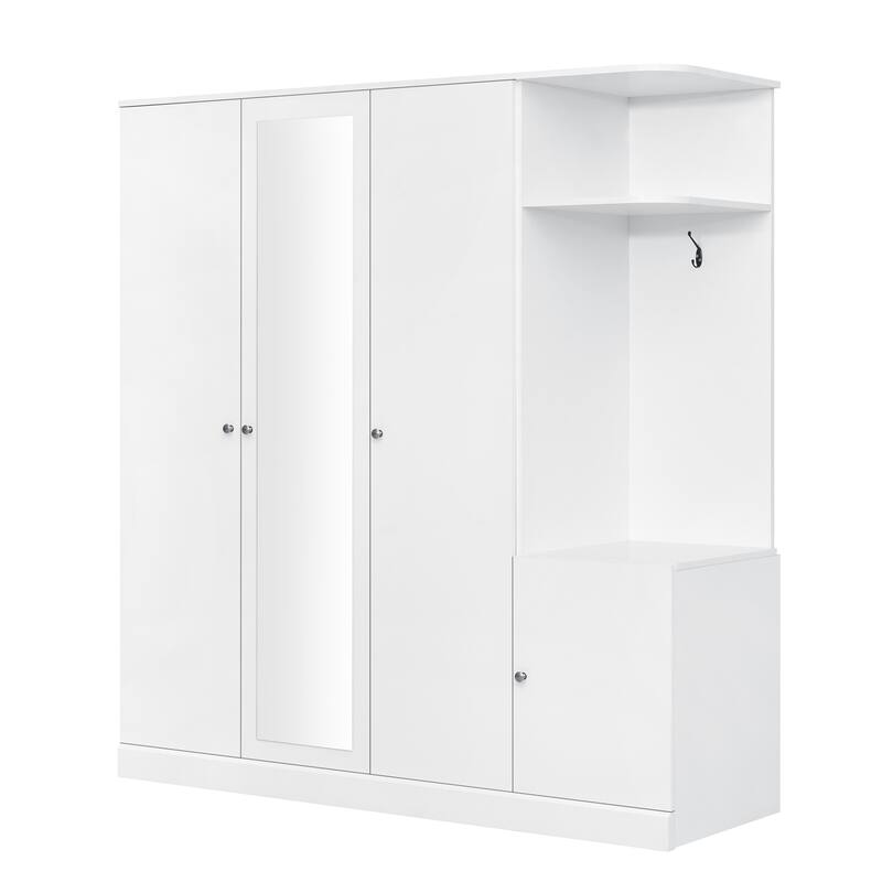 Mirrored Wardrobe Closet 4 Door Wooden Wardrobe with Drawers Large Armoire Closet with Open Storage Space