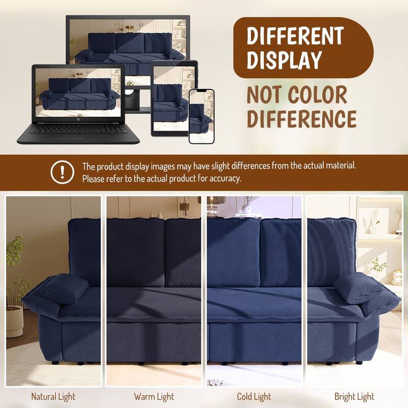 GDFStudio - Corduroy 94.5" 3-in-1 Convertible Sleeper Sofa with Pull-Out Bed