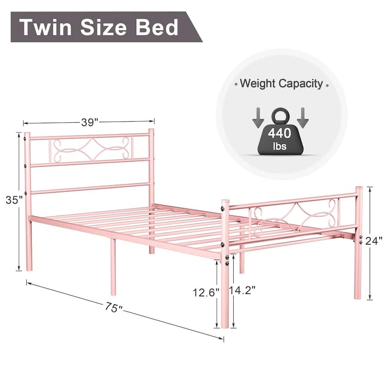 VECELO Twin Size Bed Frame Set of 2 with Headboard, 14 Inch Metal Platform Mattress Foundation Kids Bed Set of 2