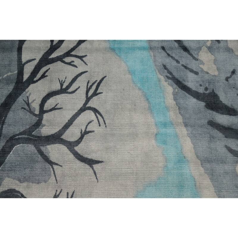 Hand Knotted Oriental Viscose Silk Carpet Modern Animal Pictorial Navy Blue & Blues Abstract Area Rug - 7' 7'' X 5' 8''