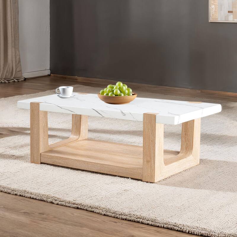Furniture of America Wynel Modern 48-inch 1-Shelf Faux Marble Top Coffee Table - Natural and White