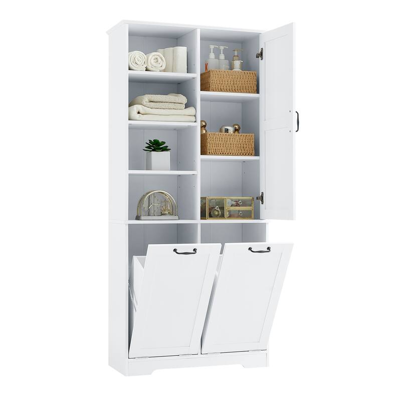 Bathroom Storage Cabinet with Doors and Drawers,Tilt-Out Laundry Hamper,Multiple Storage Space,Freestanding Style，Open Shelve