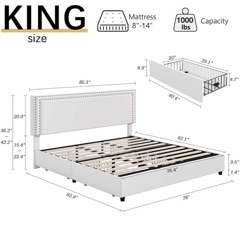 VECELO Upholstered Storage Bed Frames with 4 Storage Drawers Platform Bed Frame with Adjustable Velvet Rivets Headboard