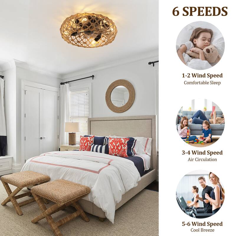 19" Ceiling-mounted Jute Rope Fan Light Strip with 4 Bulbs, Dimmable, 7 Dlades, Reversible DC Motor - Earthy Yellow