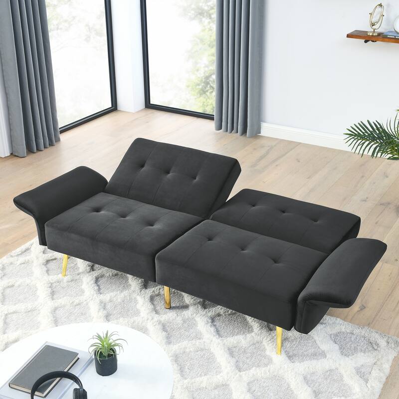 Italian Velvet Convertible Sleeper Sofa Bed with with Folded Armrests and Storage Bags