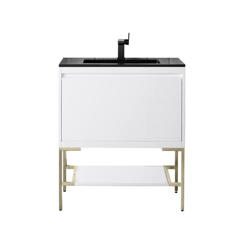 James Martin Vanities Mantova 31.5" Single Vanity Cabinet, Glossy White - Champagne Brass Base, Charcoal Black Top