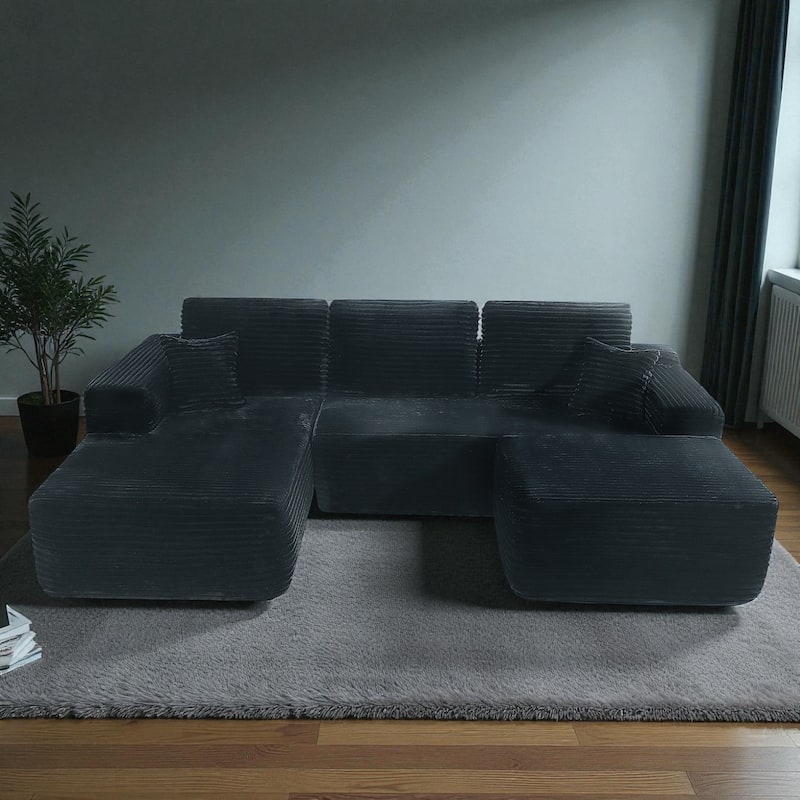105" Cloud Sectional Couch with U-Shaped Chaise, Modular Corduroy Sofa with Deep Seats, Upholstered Living Room Couch - Black