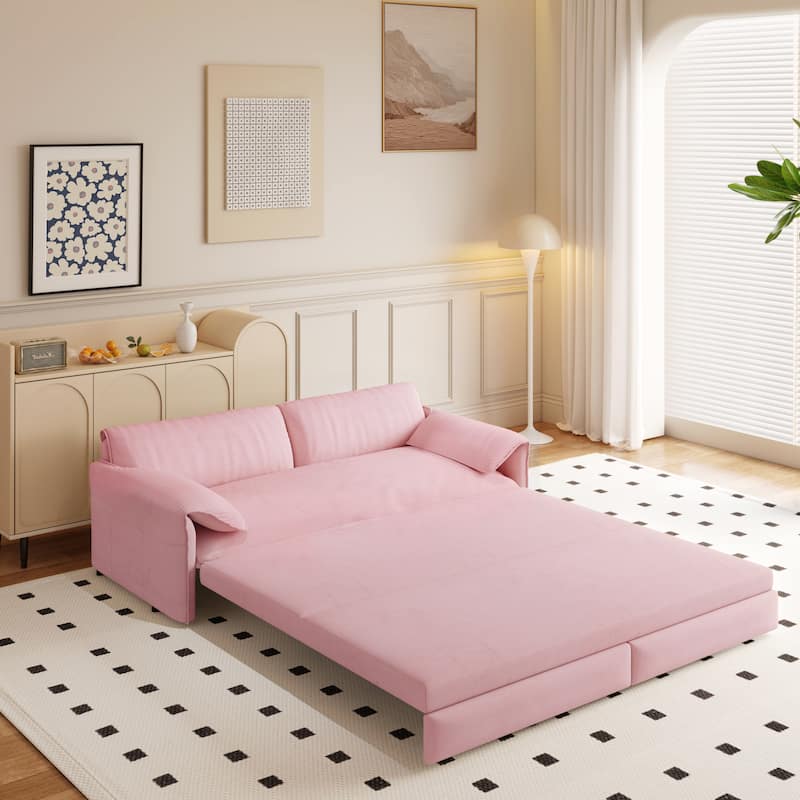 66" Queen Velvet Pull Out Sofa Bed w/ Side Storage Multi-Functional Loveseat Bed for Living Room Office - Pink