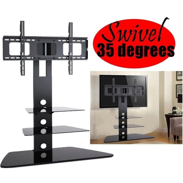 NEW TV Stand - Modern Universal Integrated Monitor Featuring 35 Degree Swivel & 3 Black Glass Shelf Surfaces. Opens flyout.