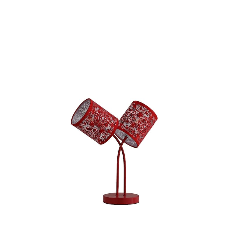 Red Metal Geometric Table Lamp with Abstract Linen Drum Shade and In Line Switch - 14” x 14” x 17” (D x W x H) - Red