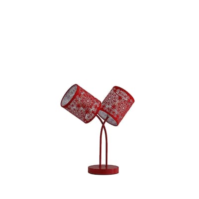 Red Metal Geometric Table Lamp with Abstract Linen Drum Shade and In Line Switch - 14” x 14” x 17” (D x W x H)