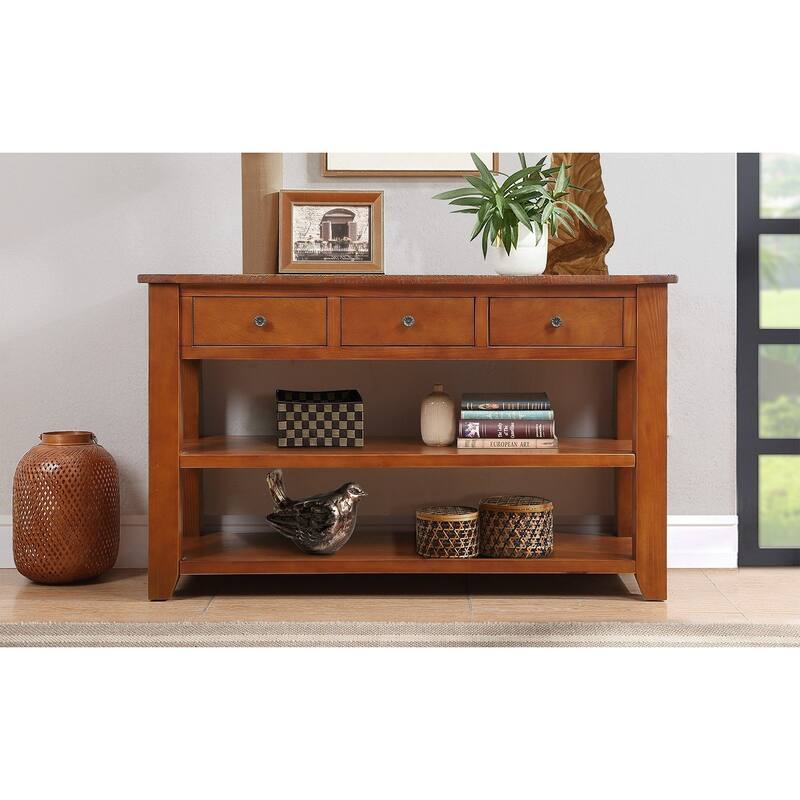 Wood Top Console Table, Modern Entryway Sofa Side Table with 3 Storage Drawers and 2 Shelves. Easy to Assemble (Blue)