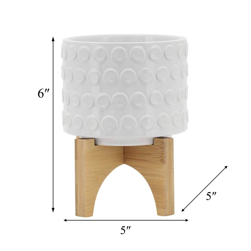 Sagebrook Home Ceramic Planters: Elevate Your Greenery with Stylish Bamboo Wood Stands - Perfect Home Decor Accessory