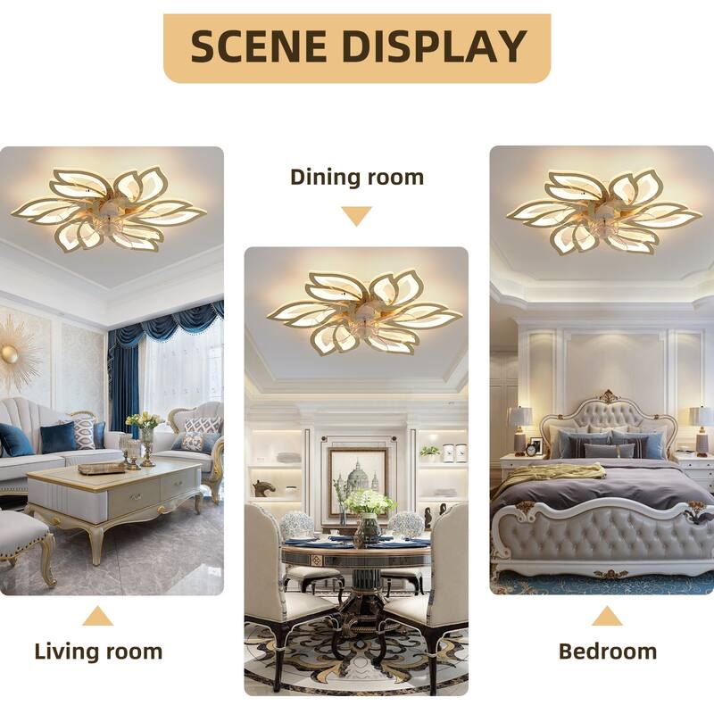 25.5 inch Cartoon Petal Ceiling Fans with Lights and Remote, Flush Mount Bladeless Ceiling Fan Lights with Reversible Blades