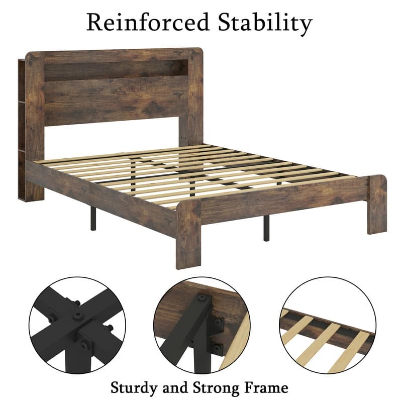 Wood Bed Frame Full/Queen/King Size, Farmhouse Platform Bed with LED Storage Shelf Headboard & 2 USB Ports, No Box Spring Needed