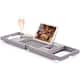 Bambusi Bathtub Caddy Tray with Extending Sides, Reading Stand, Wine Holder and Cellphone Tray - Grey