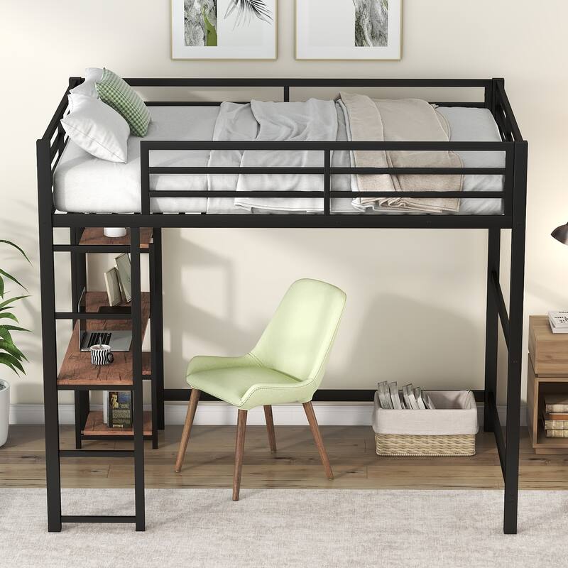 Full Size Black Metal Loft Bed with Built-in Desk and Storage Shelves