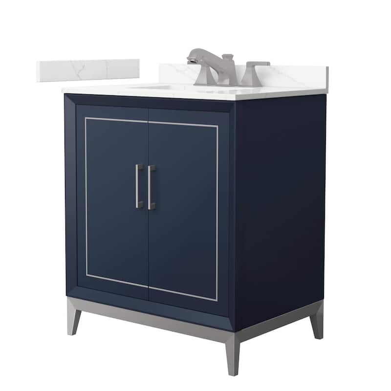 Wyndham Collection WCH515130S-QTZ-US3MXX Marlena 30" Free Standing - Dark Blue / Giotto Quartz Top / Brushed Nickel