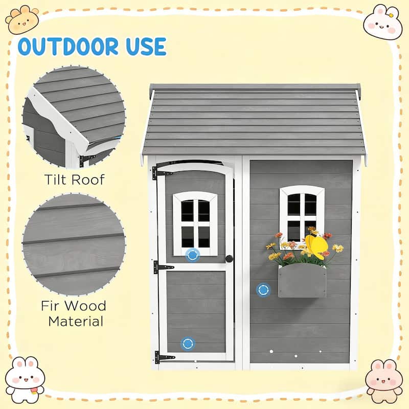 GDFStudio Outdoor Rowan Fir Wood Kids Playhouse with Windows and Plant Box - Gray