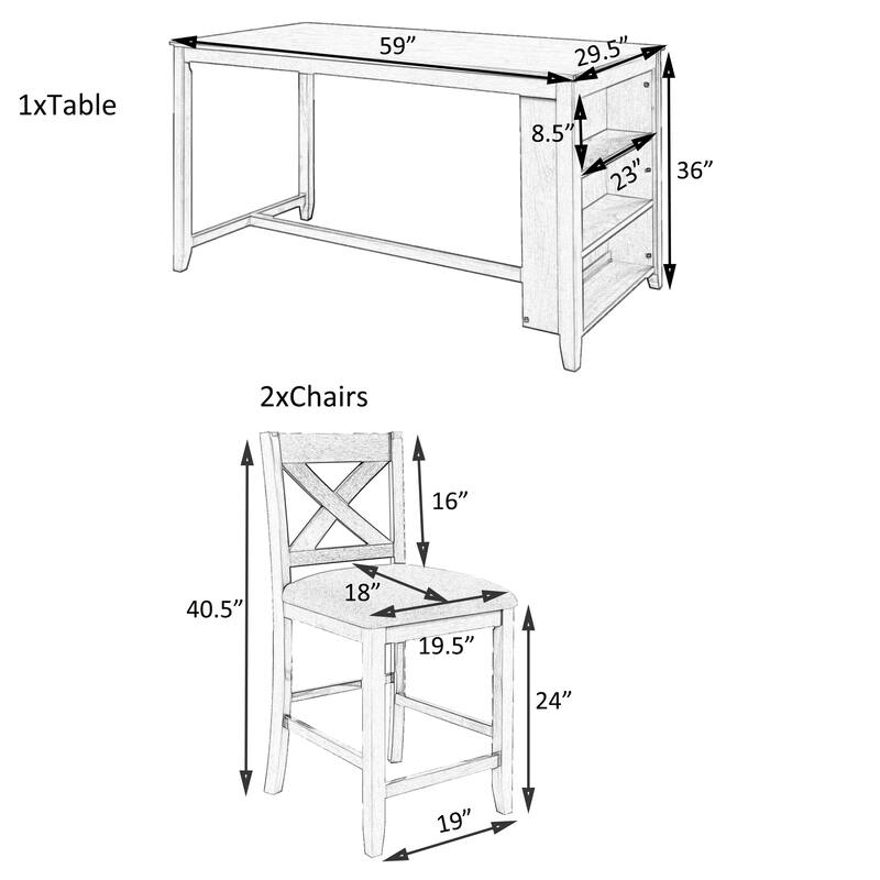 Rustic Farmhouse 5-Piece Counter Height Dining Table Set with Four Padded Chairs and Functional Storage