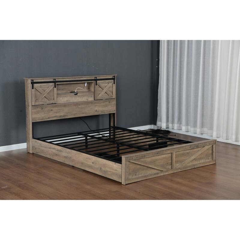 GDFStudio - Junie Rustic Wooden Bed Frame with LED Lights, Built-in Charging Station, 2 Underbed Drawers & No Box Spring Needed
