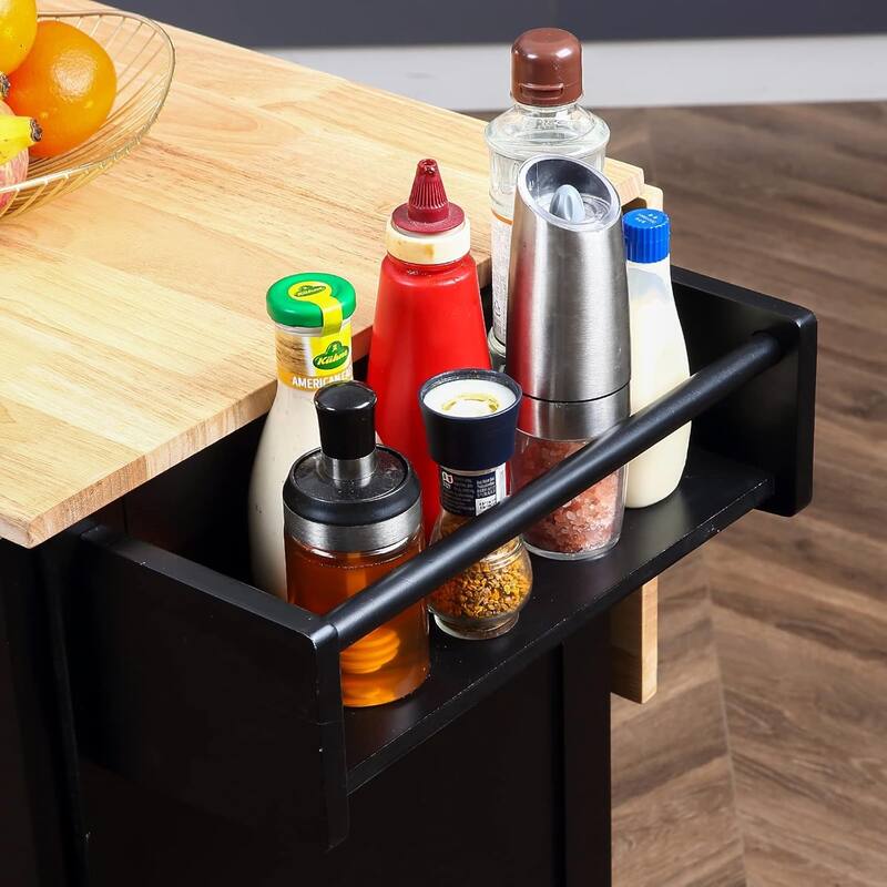 Rolling Kitchen Island with Drop Leaf - Mobile Cart with Wooden Countertop, Spice Rack, Adjustable Shelves & Drawers